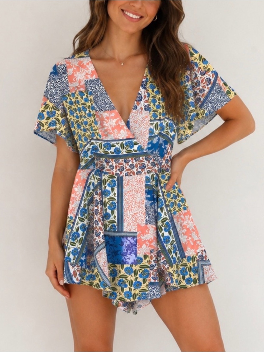 Misguided Floral Patchwork V-Neck Romper in Coral & Blue